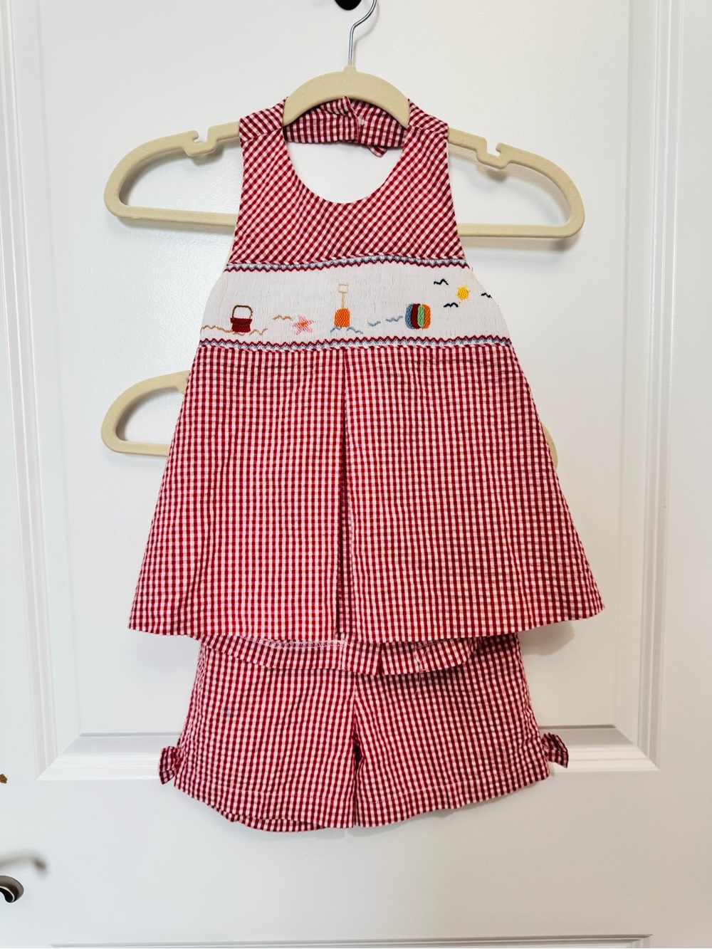 Red Gingham Smocked Kids Two-Piece Halter set size 4! EUC!